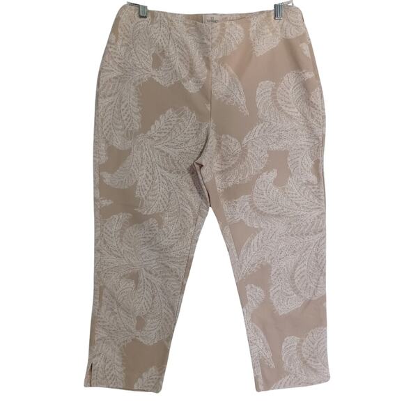 Chico's SO SLIMMING Crop Pants Size 1 M/8 Beige White Print Side Zip Hem Slit - Picture 1 of 10
